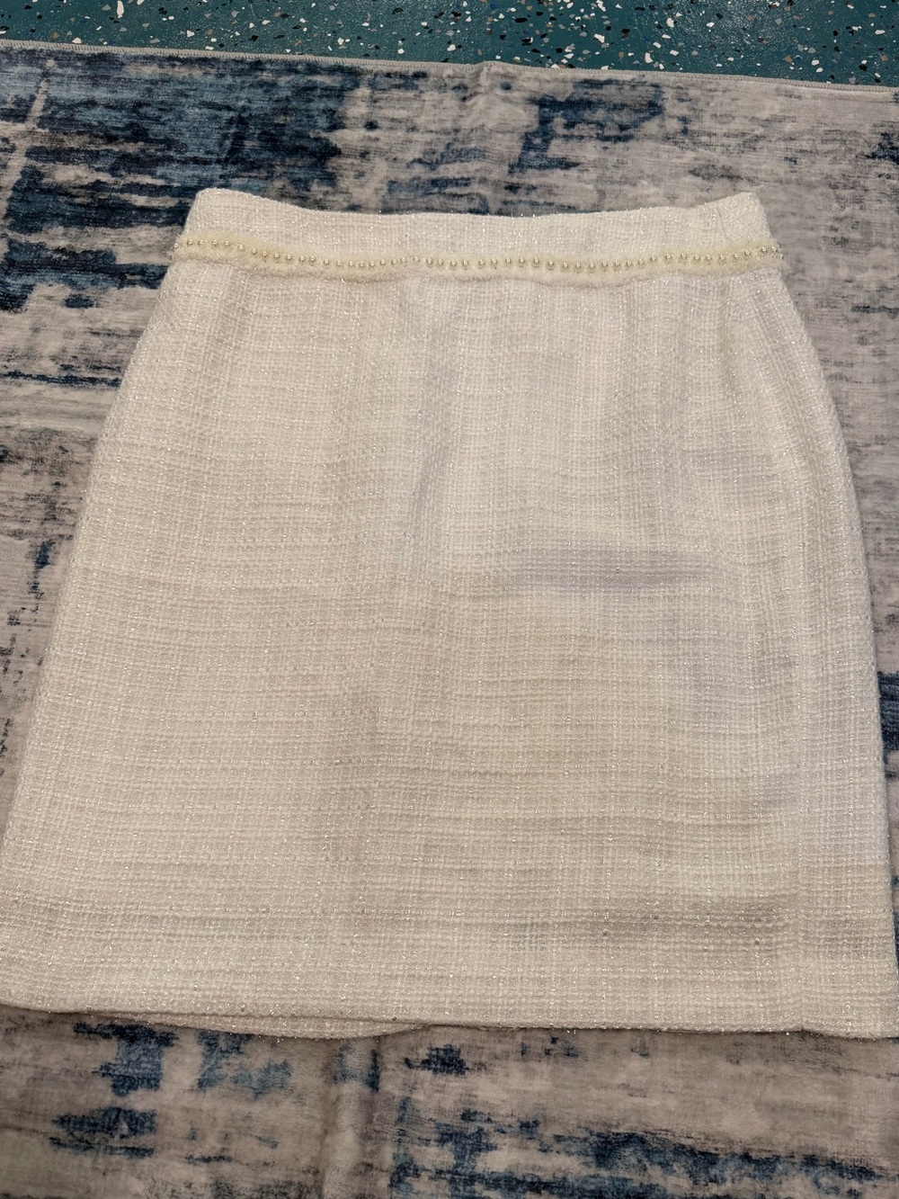 Chic Ivory Tweed Mini Skirt with Pearl-Trim Waist